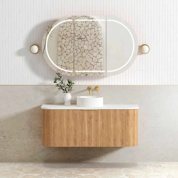 Bondi Fluted 1200mm Woodland Oak Fluted Curve Vanity with Sand Dune Top