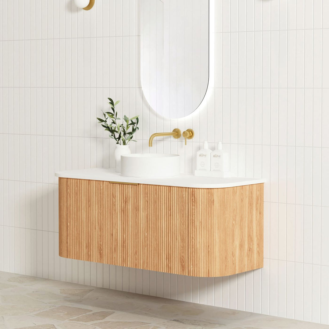 Bondi Fluted 1200mm Woodland Oak Fluted Curve Vanity with Sand Dune Top