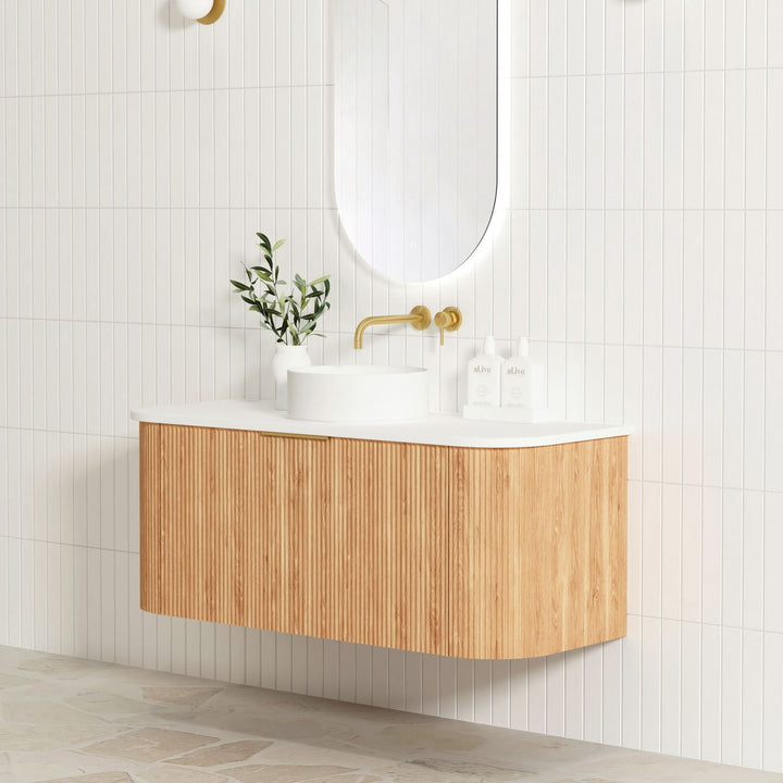 Bondi Fluted 1200mm Woodland Oak Fluted Curve Vanity with Sand Dune Top