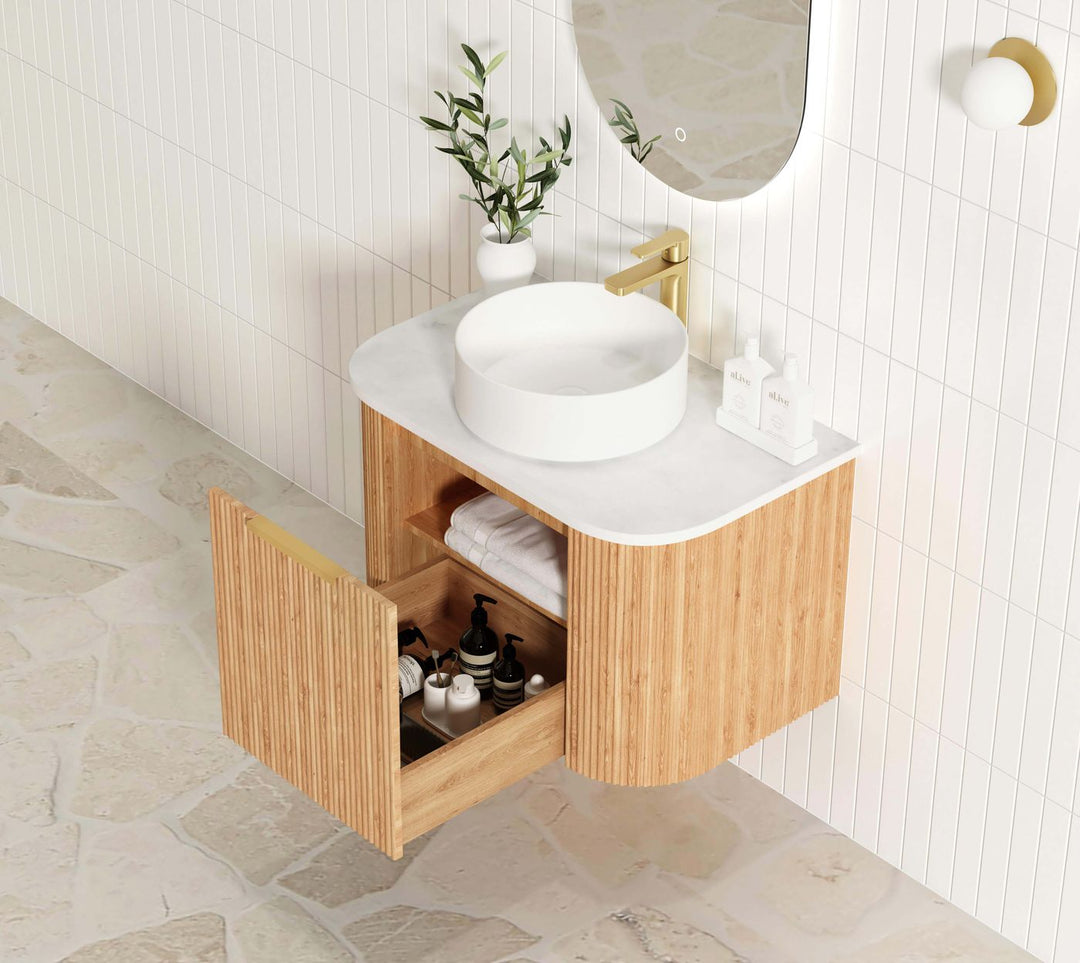 Bondi 750mm Woodland Oak Fluted Curve Vanity with Sand Dune Top