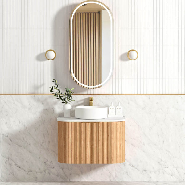 Bondi 750mm Woodland Oak Fluted Curve Vanity with Sand Dune Top