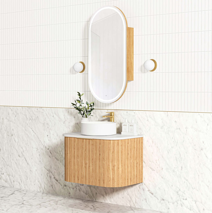Bondi 750mm Woodland Oak Fluted Curve Vanity with Sand Dune Top