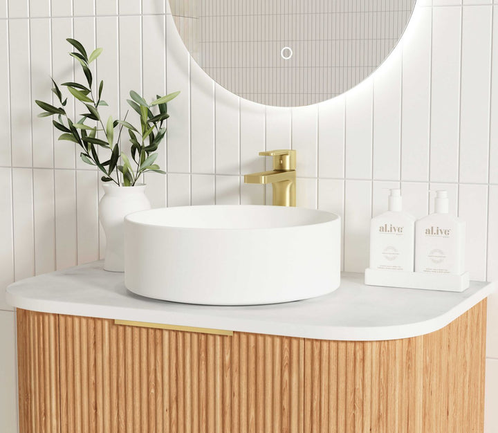 Bondi 750mm Woodland Oak Fluted Curve Vanity with Sand Dune Top