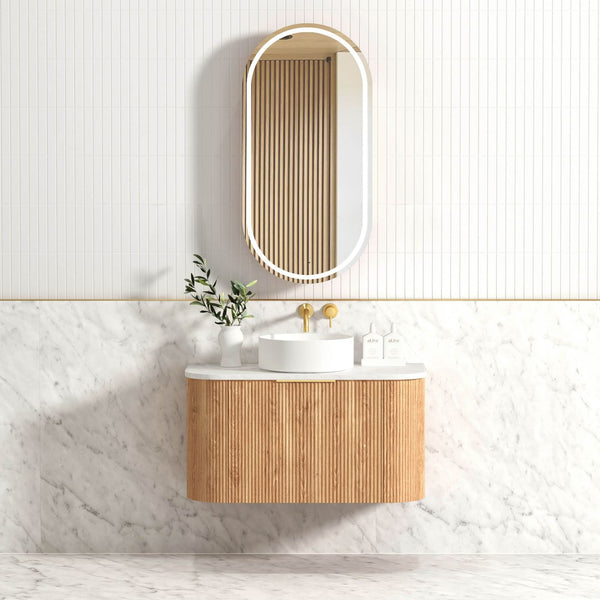 Bondi 900mm Woodland Oak Fluted Curve Vanity with Sand Dune Top