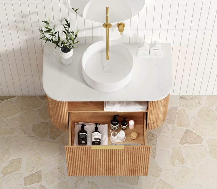 Bondi 900mm Woodland Oak Fluted Curve Vanity with Sand Dune Top