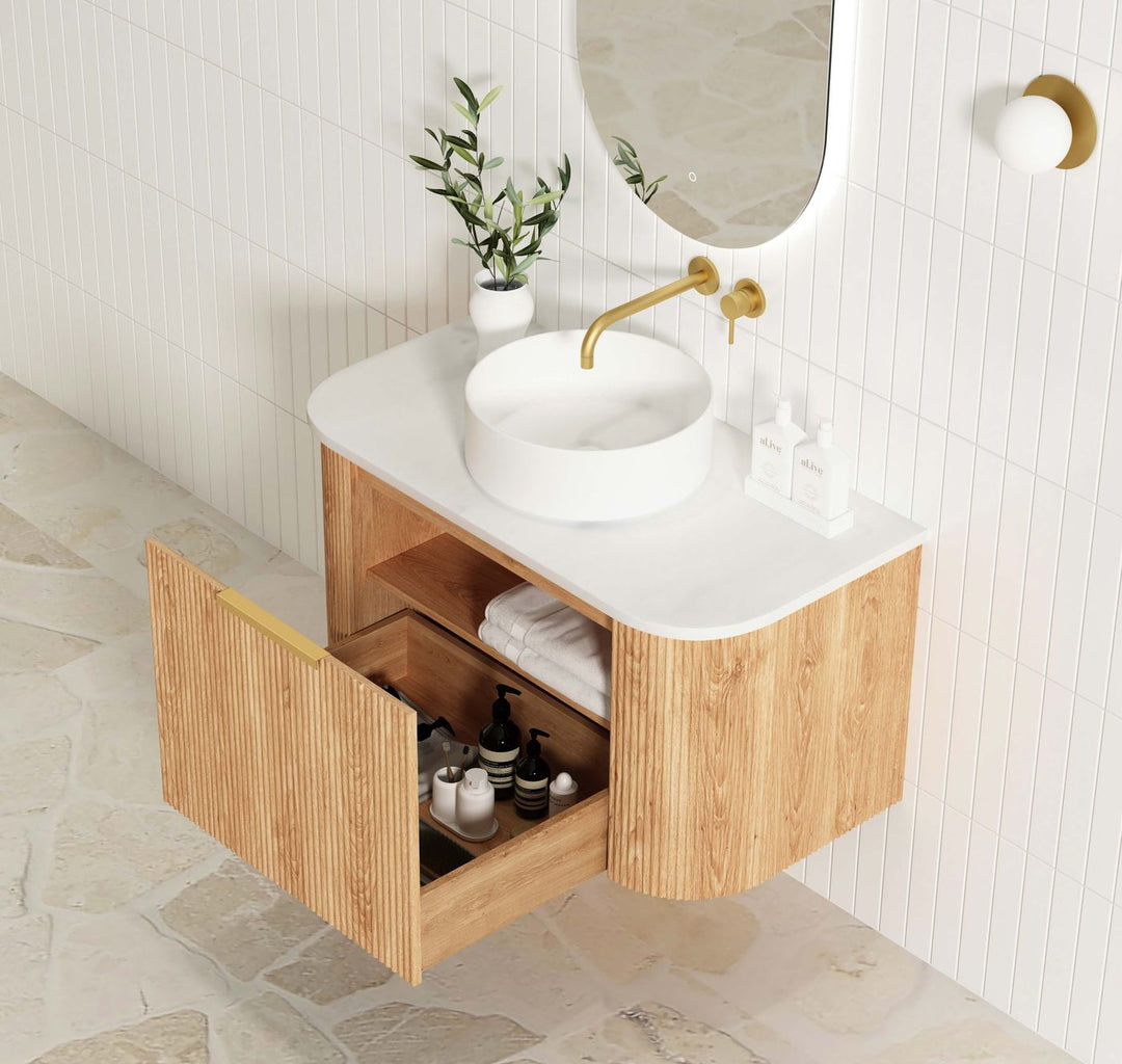 Bondi 900mm Woodland Oak Fluted Curve Vanity with Sand Dune Top
