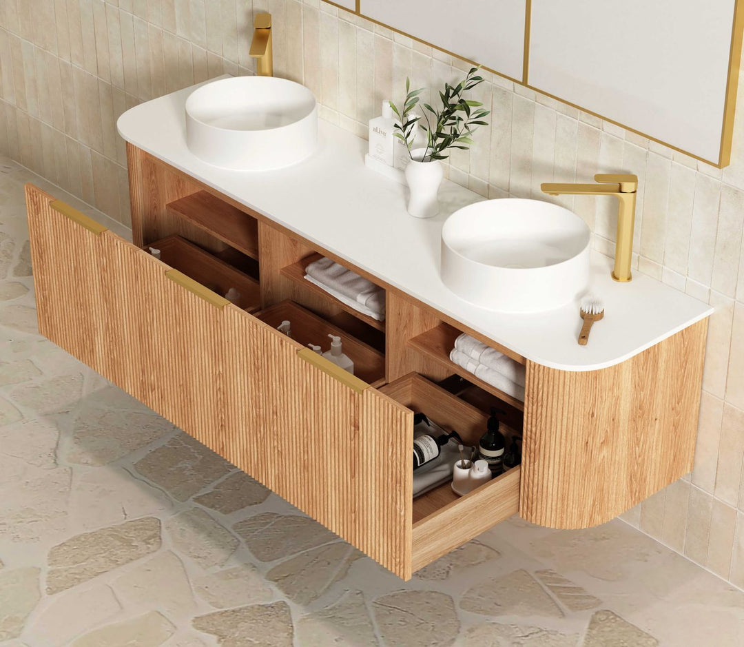 Bondi Fluted 1800mm Woodland Oak Curve Vanity with Sand Dune 50mmTop