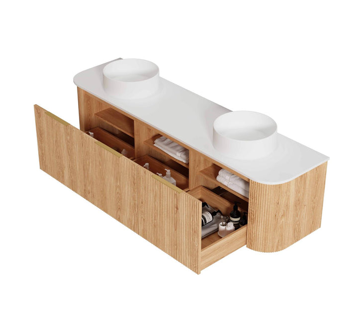 Bondi Fluted 1800mm Woodland Oak Curve Vanity with Sand Dune 50mmTop