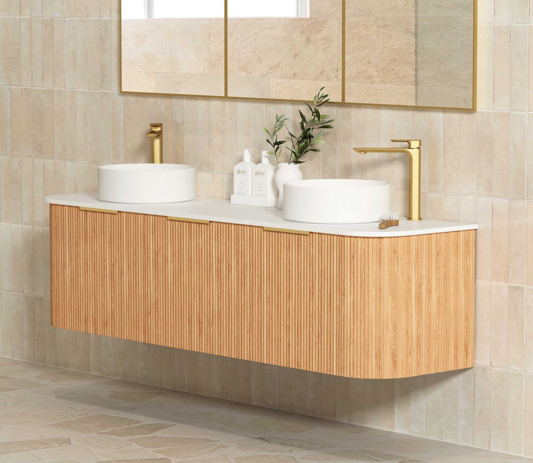 Bondi Fluted 1800mm Woodland Oak Curve Vanity with Sand Dune 50mmTop