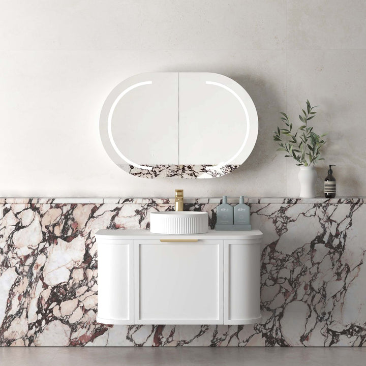 Hampshire 900mm Satin White Wall Hung Curve Vanity with Sand Dune Top