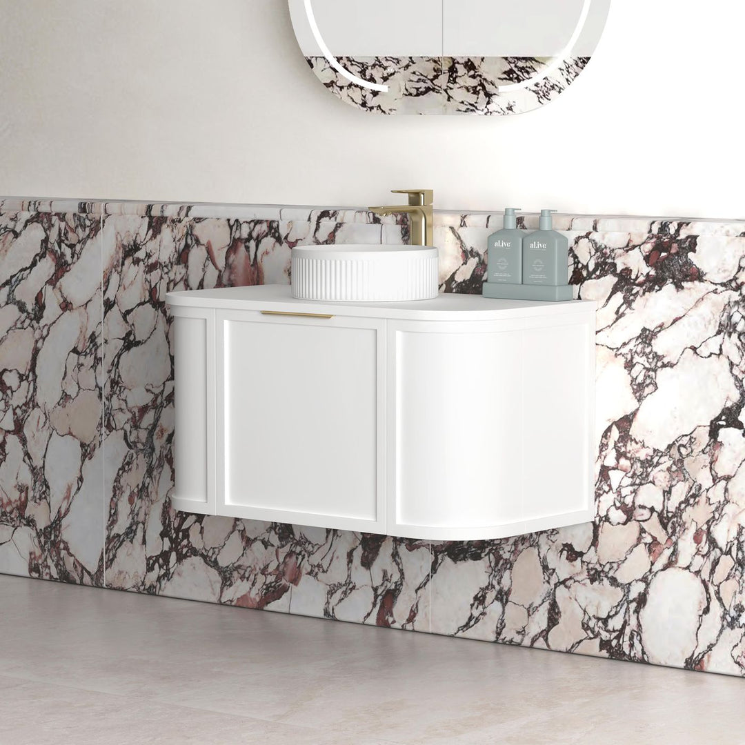 Hampshire 900mm Satin White Wall Hung Curve Vanity with Sand Dune Top