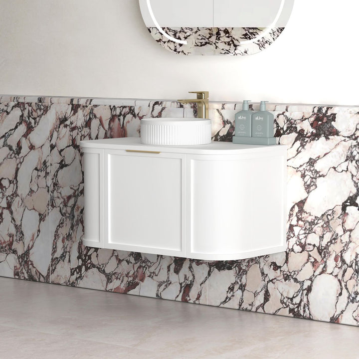 Hampshire 900mm Satin White Wall Hung Curve Vanity with Sand Dune Top