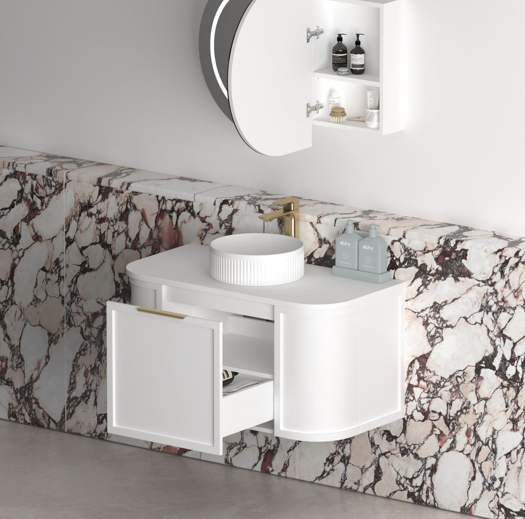 Hampshire 900mm Satin White Wall Hung Curve Vanity with Sand Dune Top