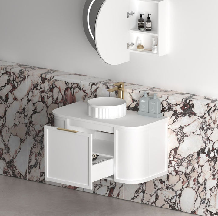 Hampshire 900mm Satin White Wall Hung Curve Vanity with Sand Dune Top