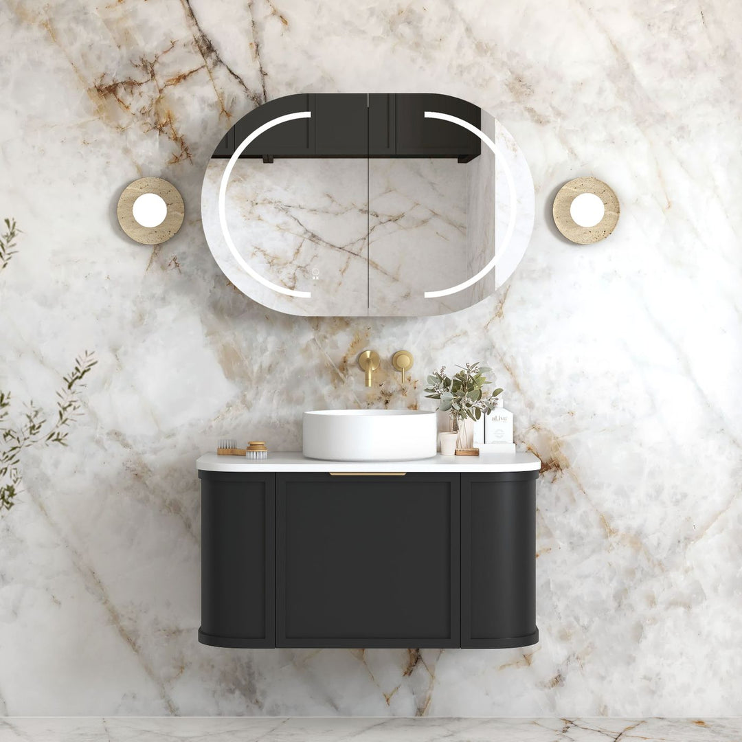Hampshire 900mm Satin Black Wall Hung Curve Vanity with Sand Dune Top