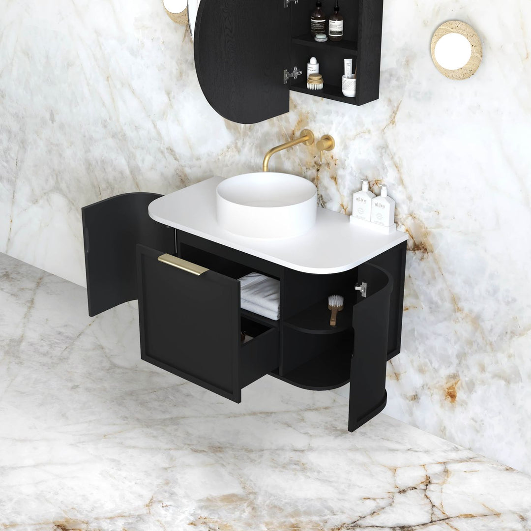 Hampshire 900mm Satin Black Wall Hung Curve Vanity with Sand Dune Top