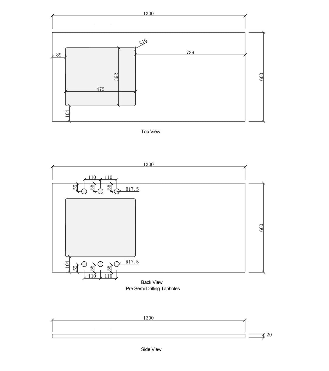 Laundry 1300mm Solid Surface Cloudy Carrara Top