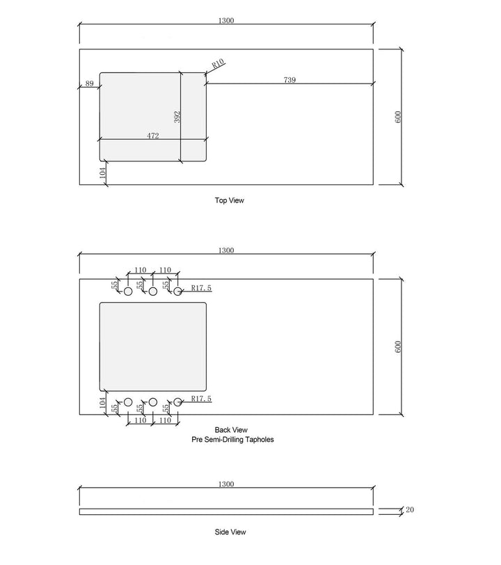 Laundry 1300mm Solid Surface Cloudy Carrara Top