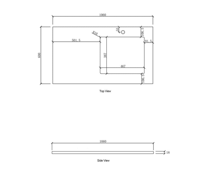 Laundry 1060mm Natural Carrara White Marble Top - Right Bowl 12TH