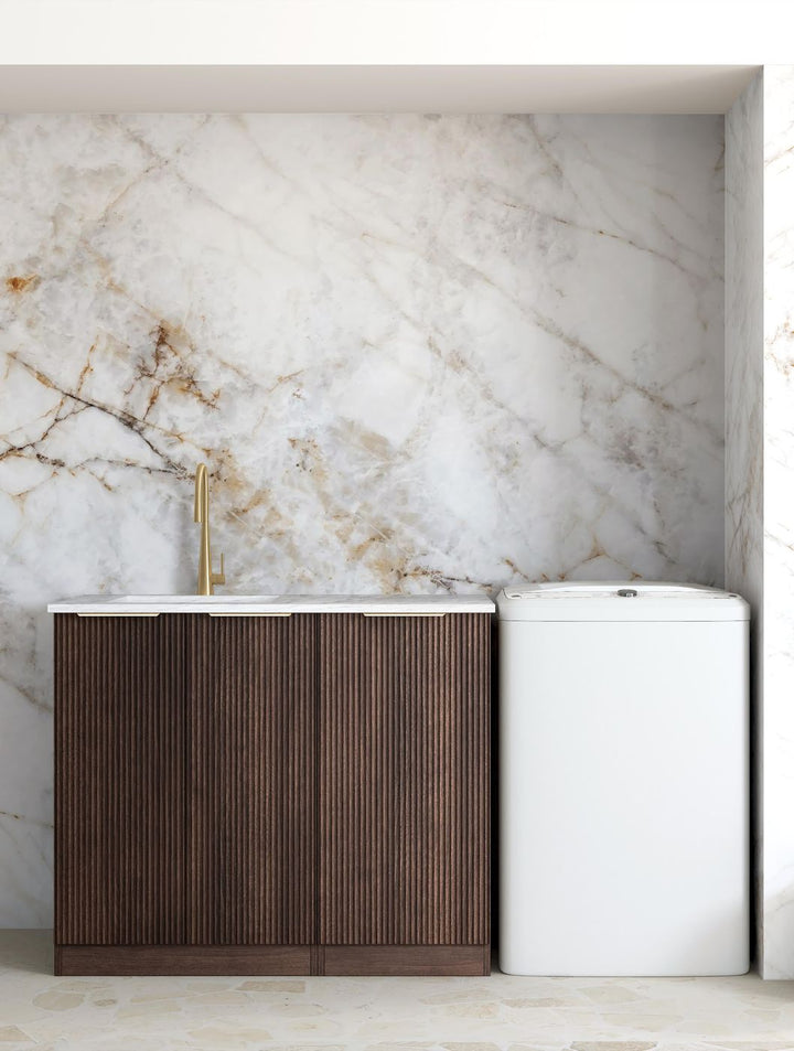 Havana Sable Walnut Fluted Base Laundry Cabinet with 1060mm Cloudy Carrara Top