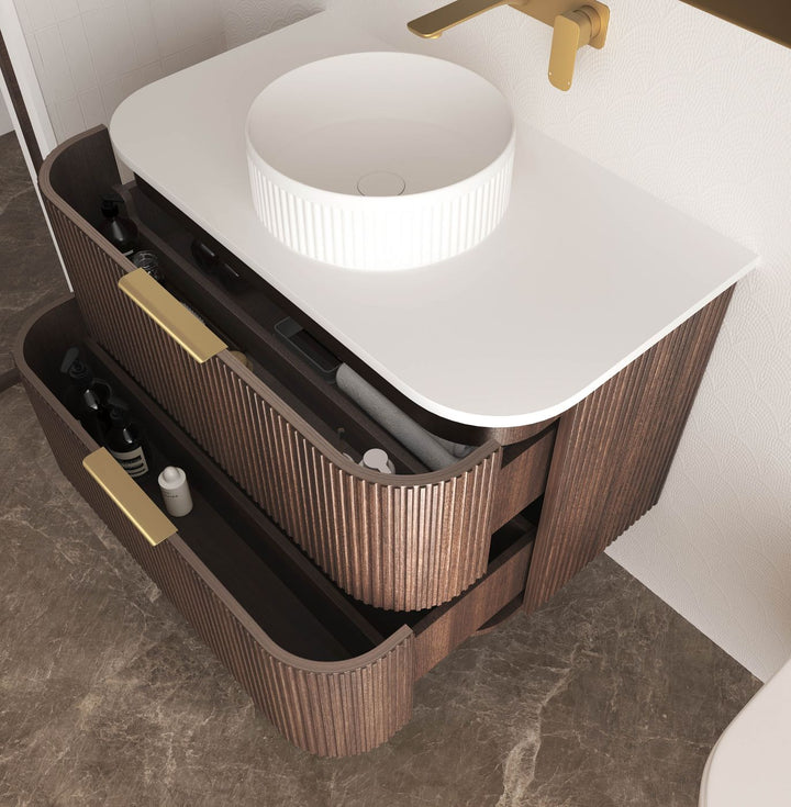 Havana Fluted 750mm Sable Walnut Wall Hung Curve Vanity
