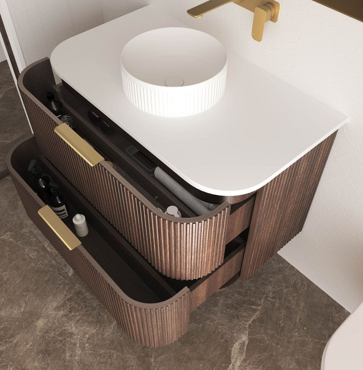 Havana Fluted 900mm Sable Walnut Wall Hung Curve Vanity