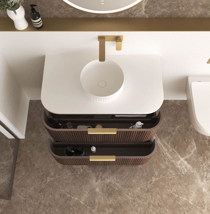 Havana Fluted 900mm Sable Walnut Wall Hung Curve Vanity