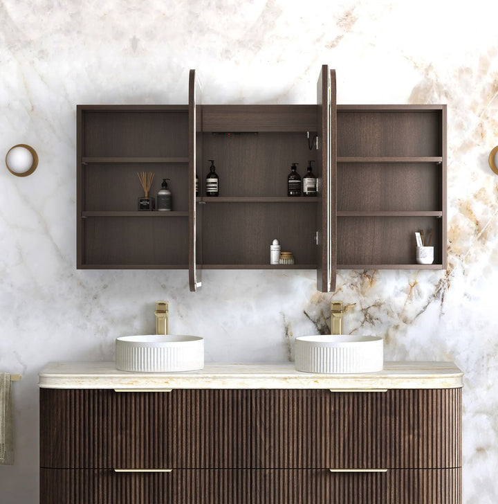 LED Newport 1500(W)x750(H) Sable Walnut Shaving Cabinet - Premium Edition