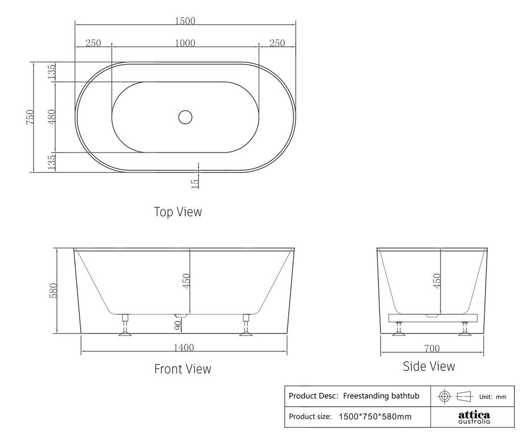 Attica Noosa Fluted 1500 Gloss White Bath with Overflow