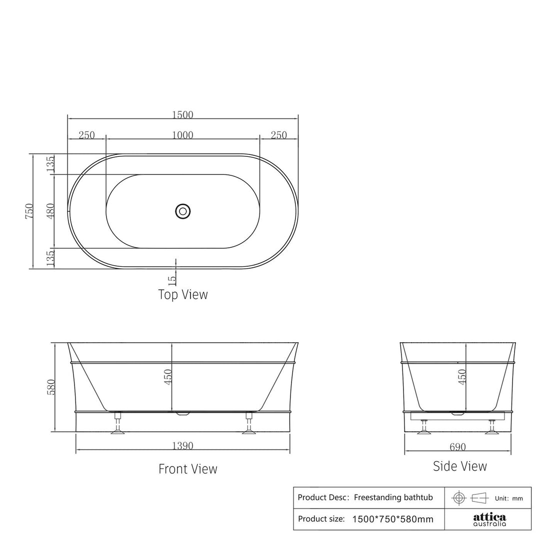 Attica Bondi 1500 Gloss White Bath with Overflow