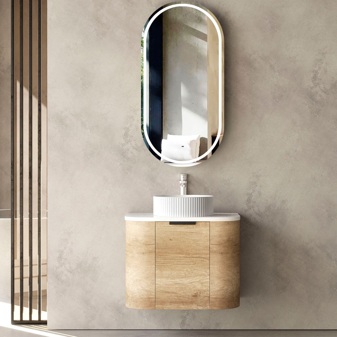 Bondi 600mm Natural Oak Wall Hung Curve Vanity with Sand Dune Top