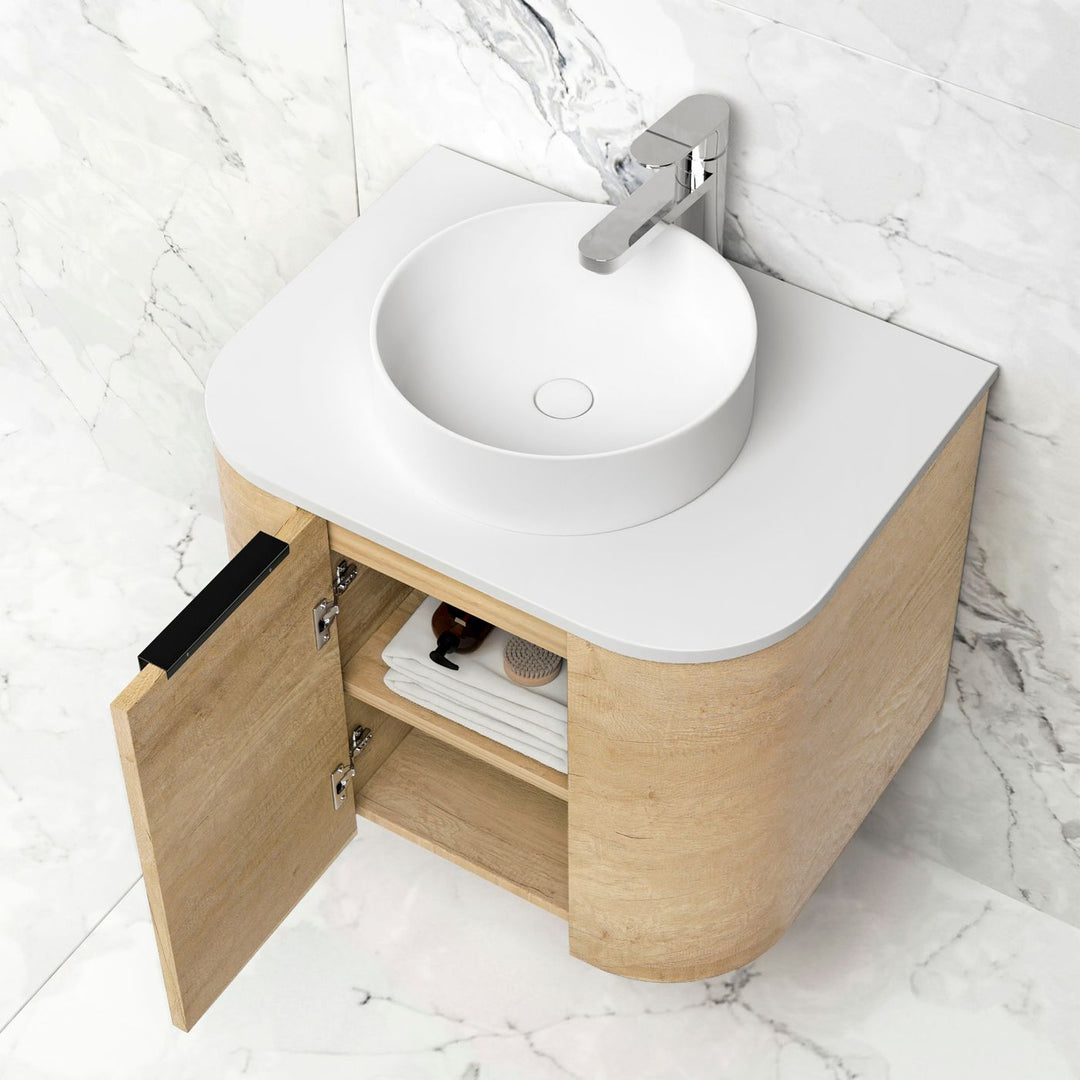 Bondi 600mm Natural Oak Wall Hung Curve Vanity with Sand Dune Top