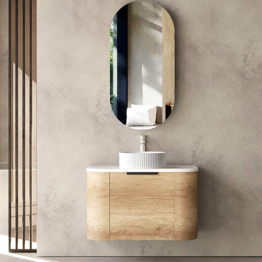 Bondi 750mm Natural Oak Wall Hung Curve Vanity with Sand Dune Top