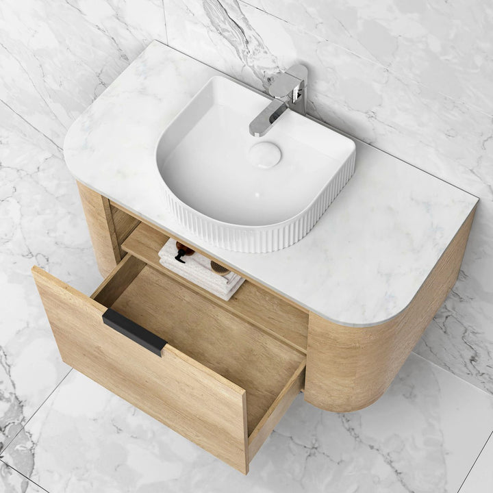 Bondi 750mm Natural Oak Wall Hung Curve Vanity with Sand Dune Top