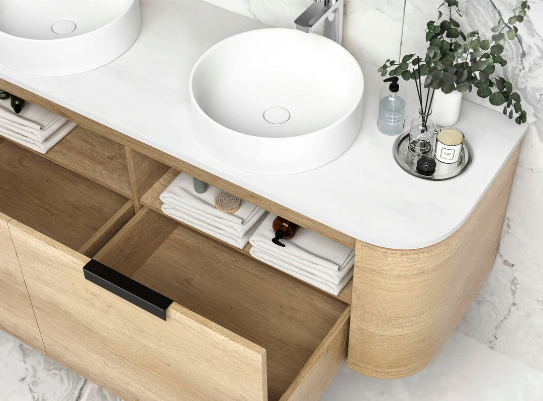 Bondi 1500mm Natural Oak Wall Hung Curve Vanity with Sand Dune Top