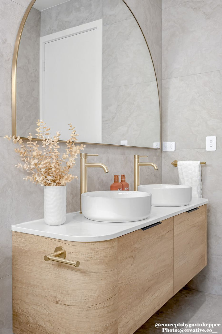 Bondi 1500mm Natural Oak Wall Hung Curve Vanity with Sand Dune Top