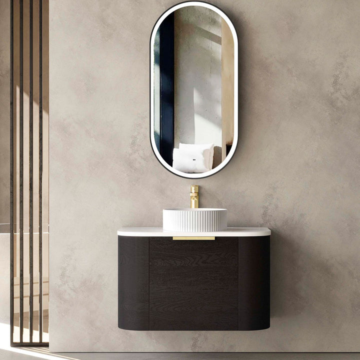Bondi 750mm Black Oak Wall Hung Curve Vanity with Sand Dune Top