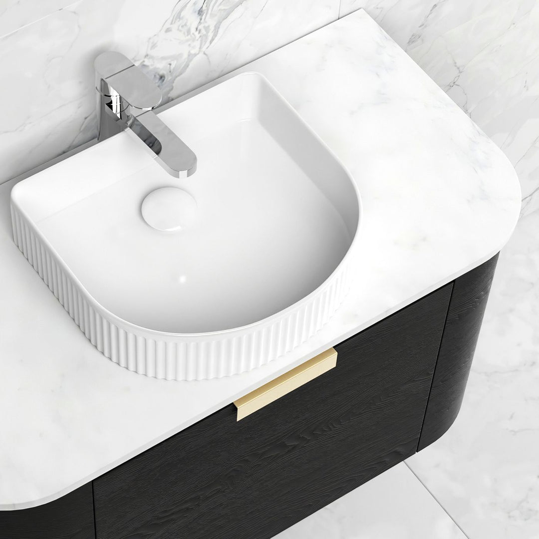 Bondi 750mm Black Oak Wall Hung Curve Vanity with Sand Dune Top