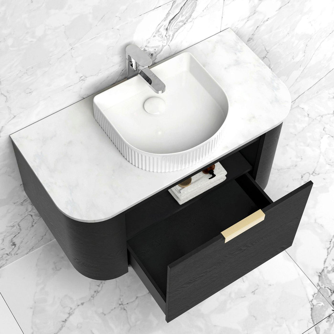 Bondi 750mm Black Oak Wall Hung Curve Vanity with Sand Dune Top