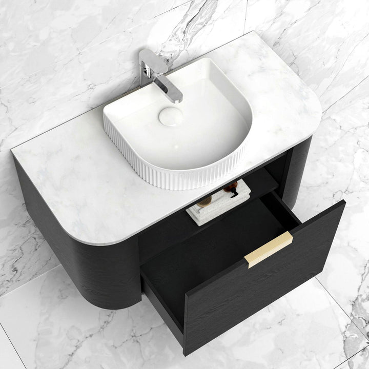Bondi 750mm Black Oak Wall Hung Curve Vanity with Sand Dune Top
