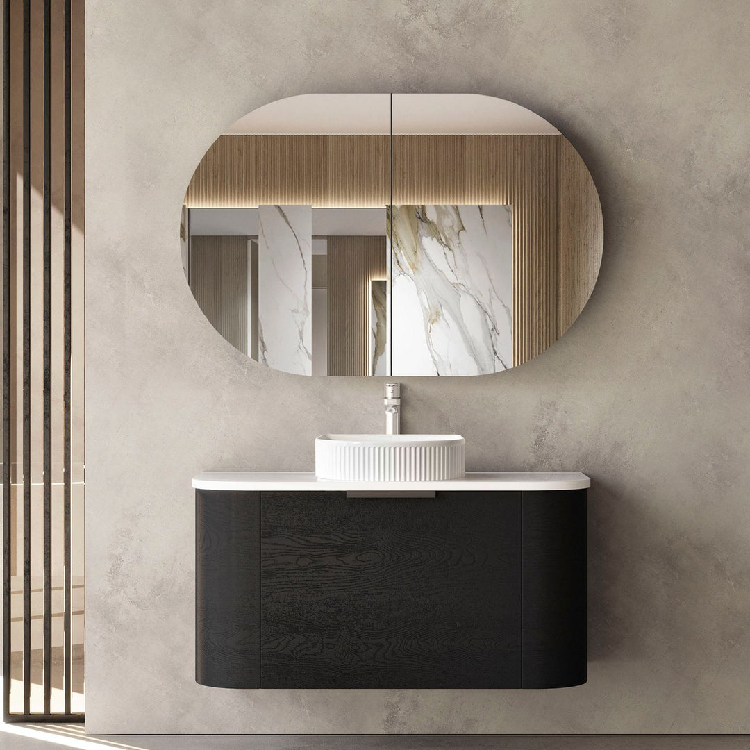 Bondi 900mm Black Oak Wall Hung Curve Vanity with Sand Dune Top
