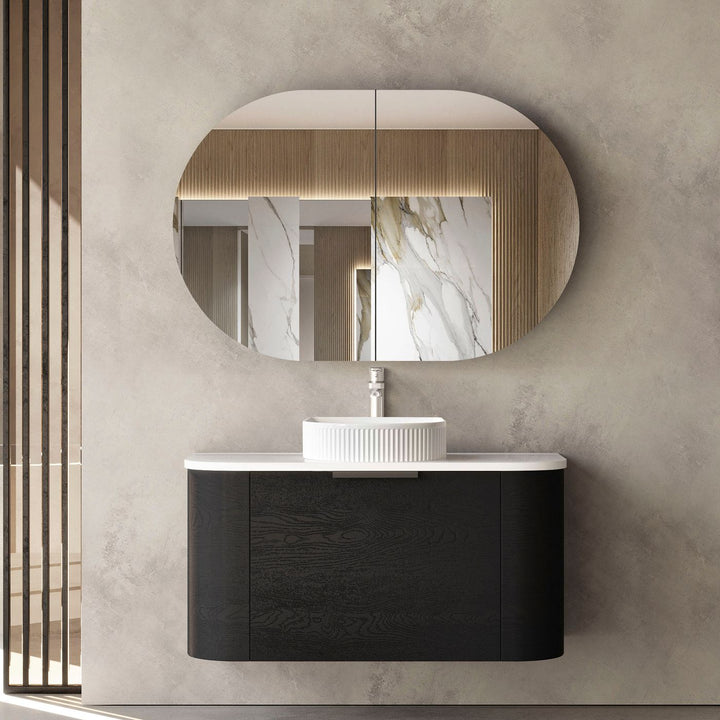 Bondi 900mm Black Oak Wall Hung Curve Vanity with Sand Dune Top