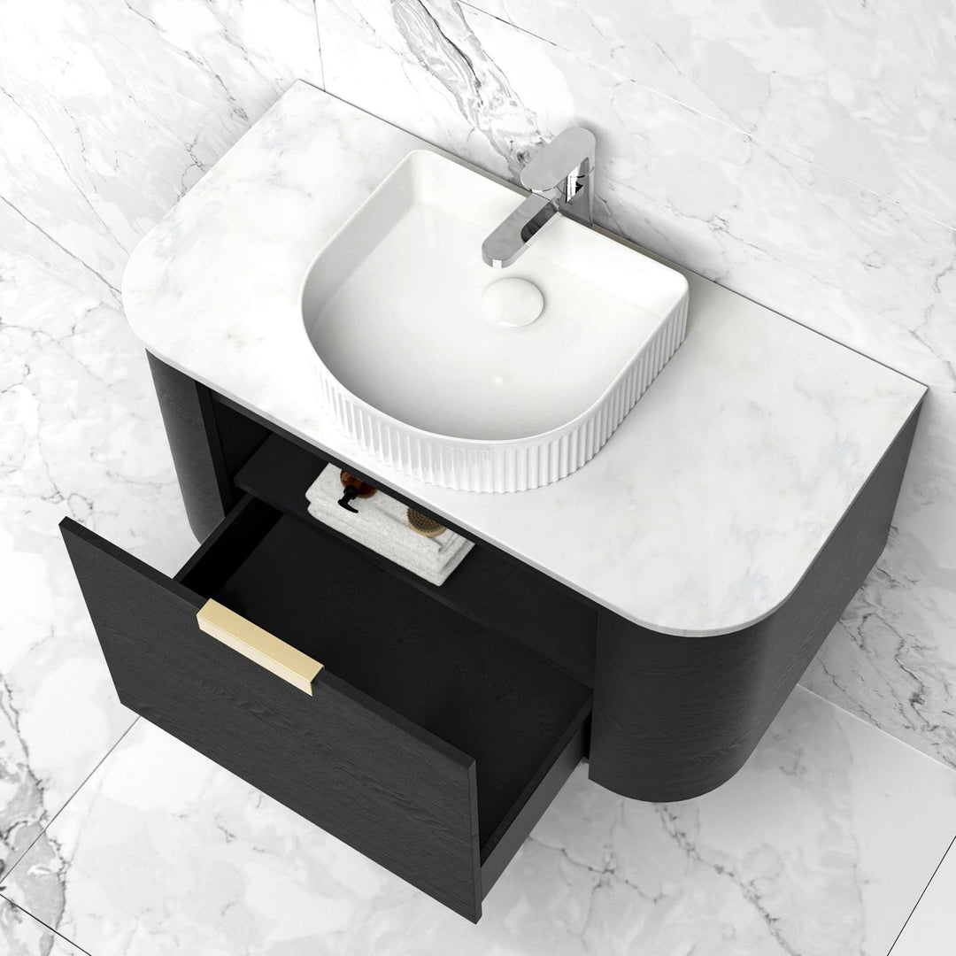 Bondi 900mm Black Oak Wall Hung Curve Vanity with Sand Dune Top
