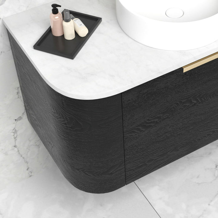 Bondi 900mm Black Oak Wall Hung Curve Vanity with Sand Dune Top