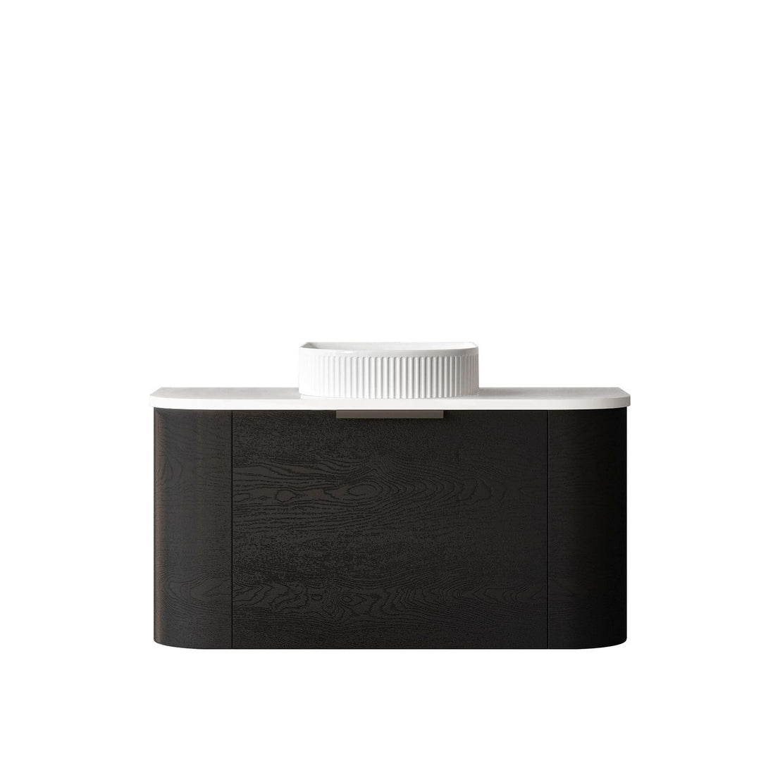 Bondi 900mm Black Oak Wall Hung Curve Vanity with Sand Dune Top