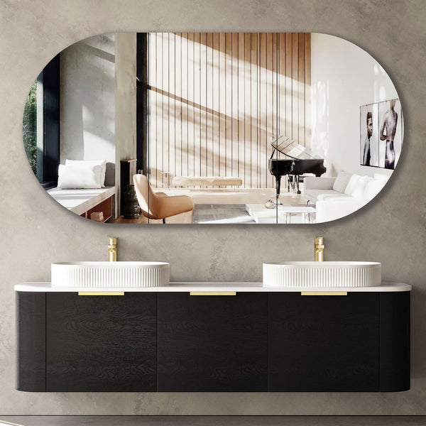 Bondi 1800mm Black Oak Wall Hung Curve Vanity with Sand Dune Top