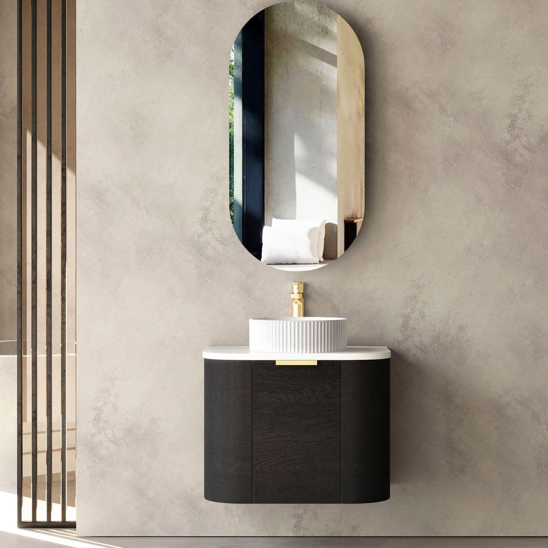 Bondi 600mm Black Oak Wall Hung Curve Vanity with Sand Dune Top