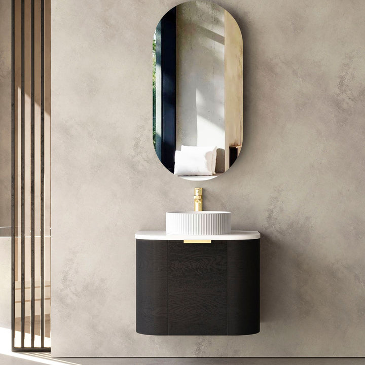 Bondi 600mm Black Oak Wall Hung Curve Vanity with Sand Dune Top