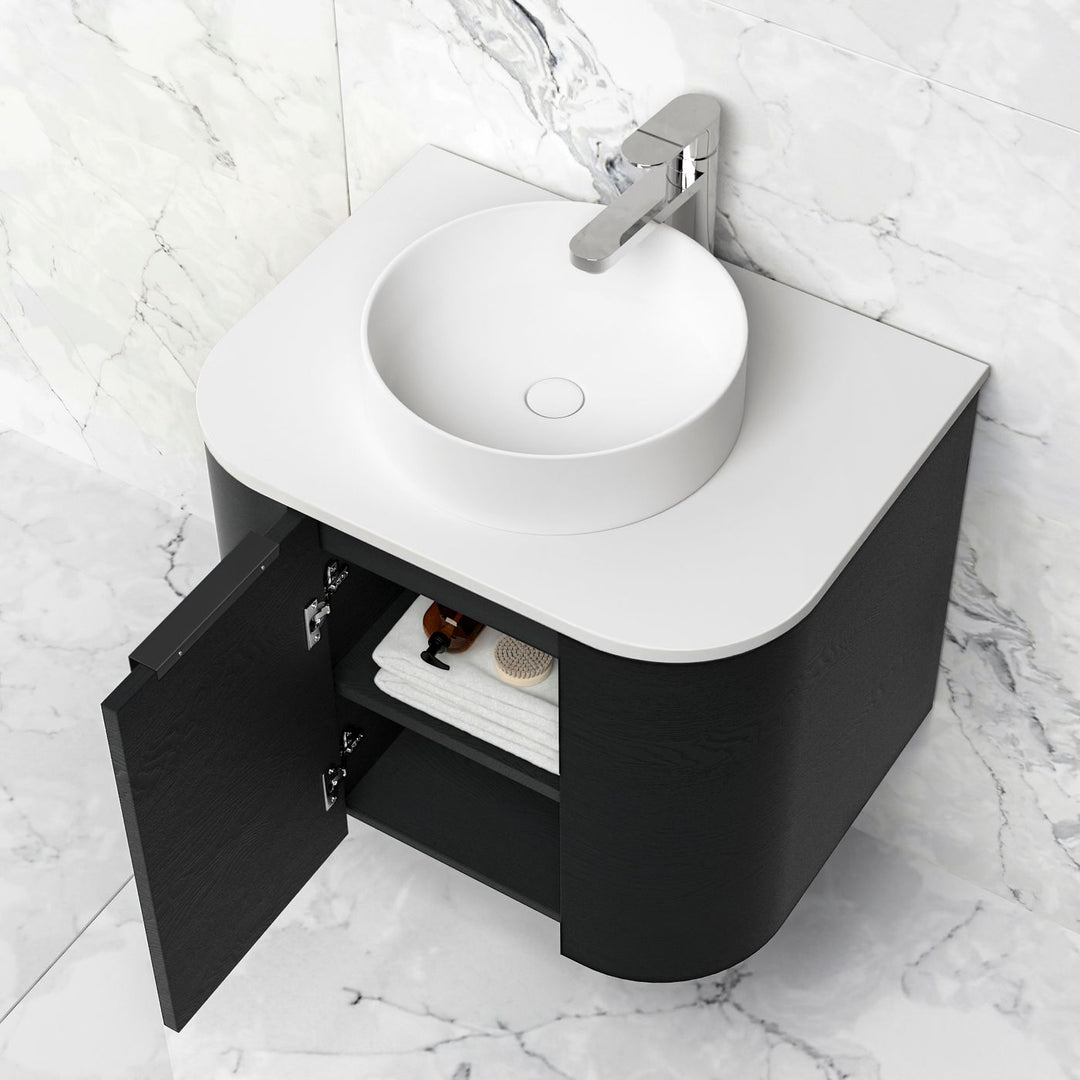 Bondi 600mm Black Oak Wall Hung Curve Vanity with Sand Dune Top