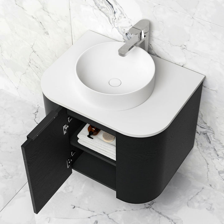 Bondi 600mm Black Oak Wall Hung Curve Vanity with Sand Dune Top